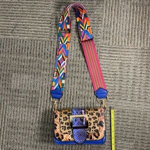 Boutique Style Cheetah Blue Multicolor Purse Crossbody Bag With Gold Detail